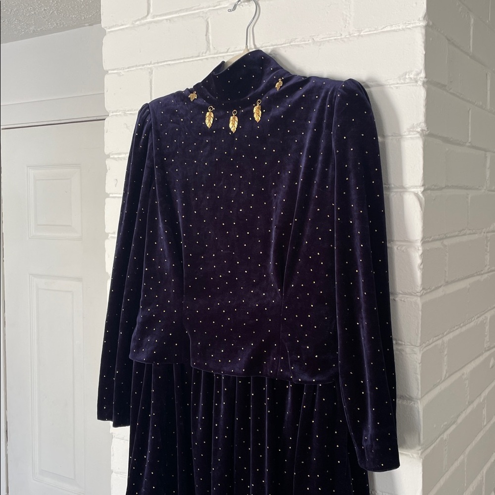 Vintage Posa Doll Long Sleeve Velvet Dress in Midnight Blue w/ Gold Polka Dots
